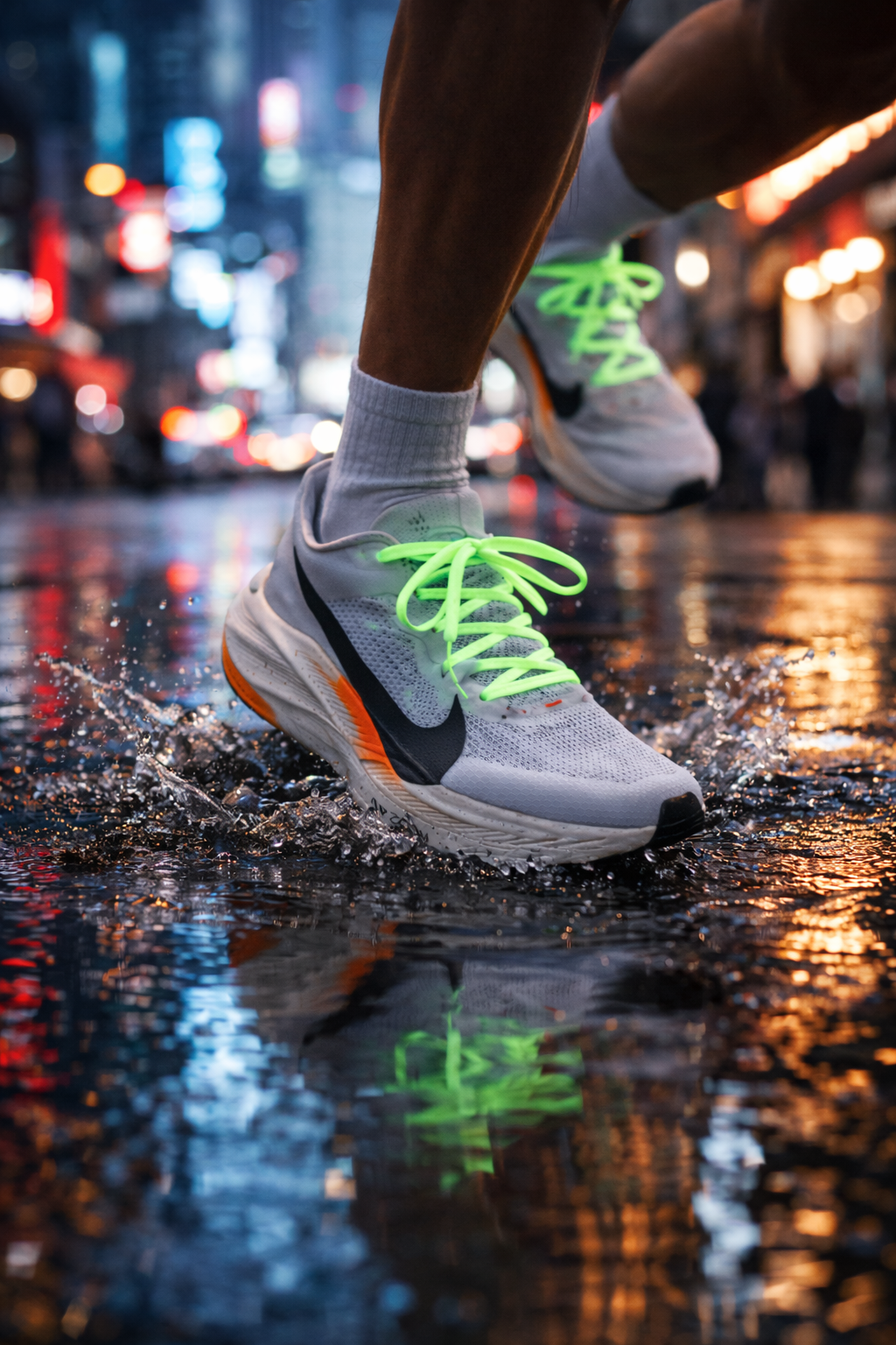 GlowLaces on shoes splashing through a city street